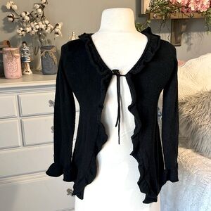 Black Ruffle Sweater Open Cardigan